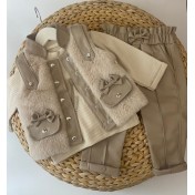 Kız Bebek Deri Pantolon Peluş Yelek 3'lü Takım