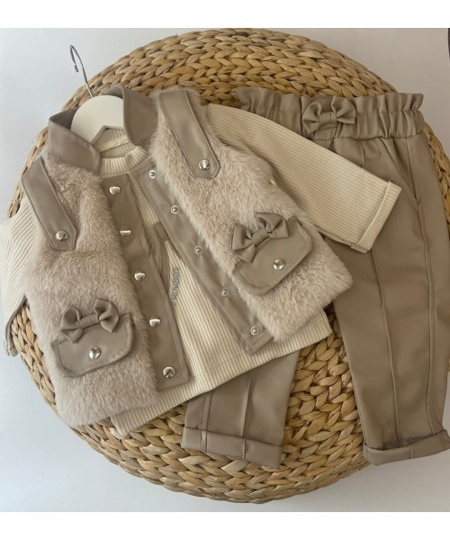 Kız Bebek Deri Pantolon Peluş Yelek 3'lü Takım