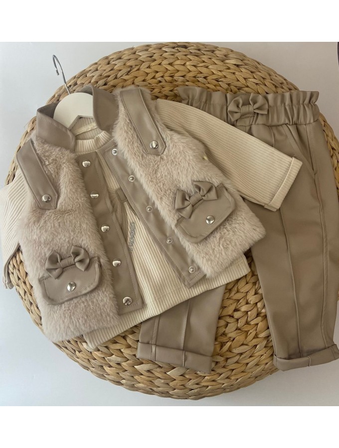 Kız Bebek Deri Pantolon Peluş Yelek 3'lü Takım