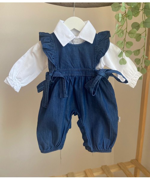 Kız Bebek Gömlekli Kot Tulum